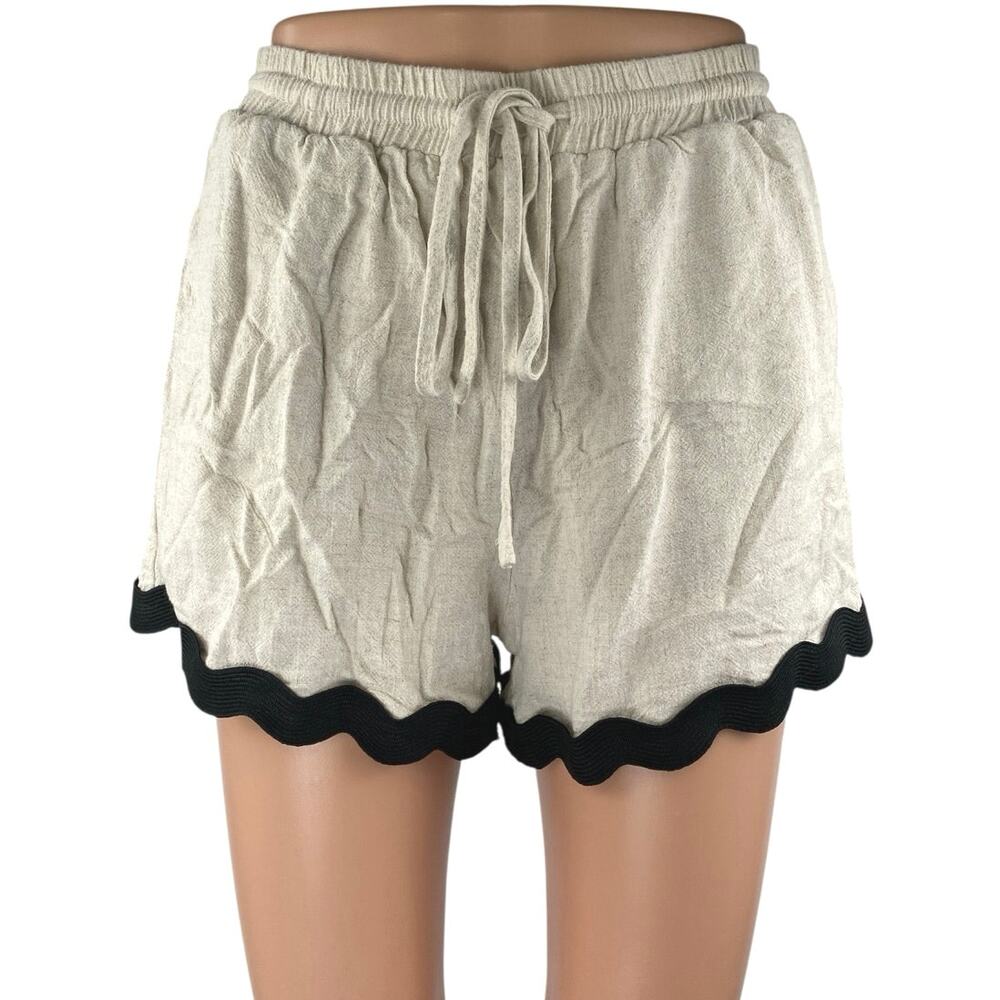 Anniewear Women's Beige Black Scalloped Hem Drawstring Lounge Shorts Size S